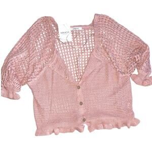 Bohemian Rose Pink Crochet Frill Cardigan Sweater Medium NEW